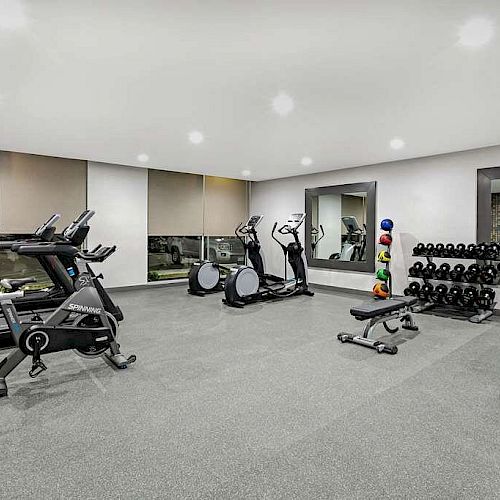 A modern gym room with exercise equipment including treadmills, ellipticals, dumbbells, and benches, along with large mirrors and windows.